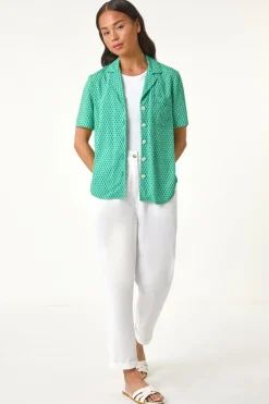 Roman Green Petite Geometric Buttoned Blouse