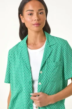 Roman Green Petite Geometric Buttoned Blouse
