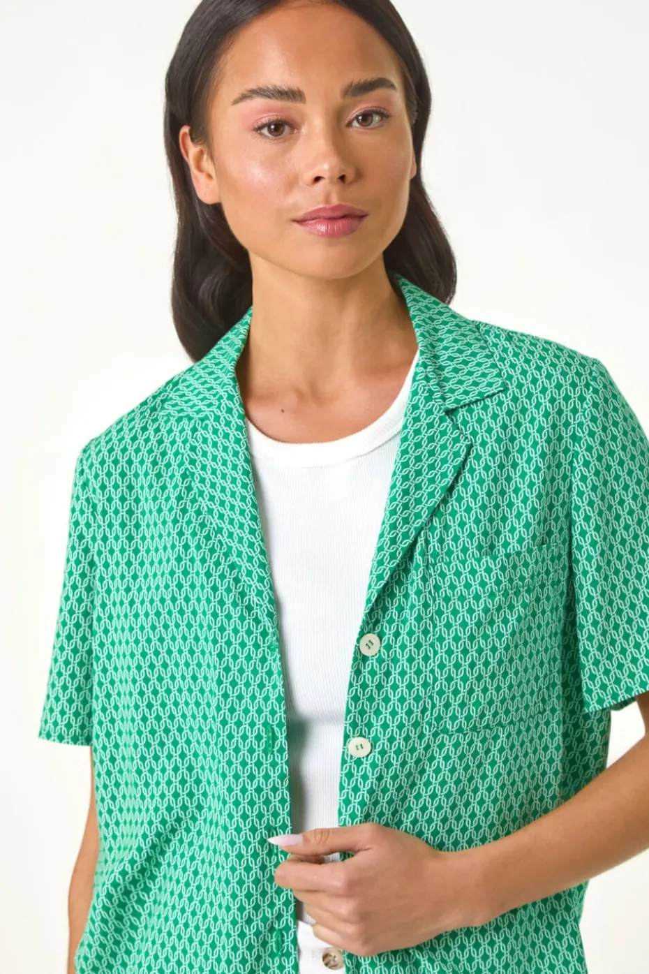 Roman Green Petite Geometric Buttoned Blouse