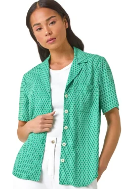 Roman Green Petite Geometric Buttoned Blouse