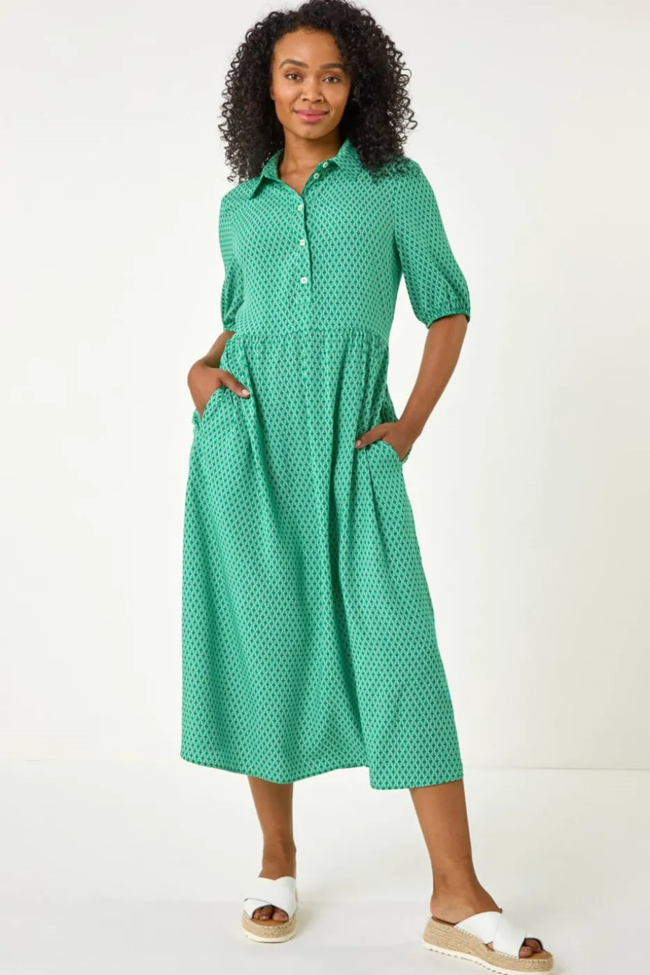 Roman Green Petite Geometric Button Collar Dress