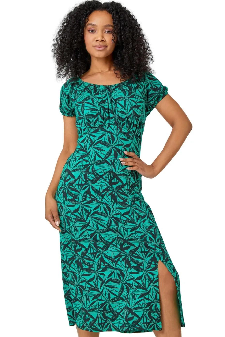 Roman Green Petite Leaf Print Midi Stretch Dress