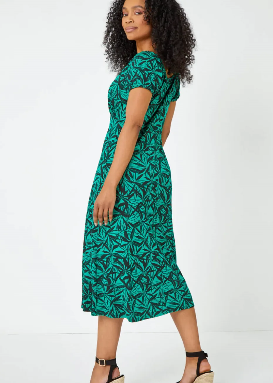 Roman Green Petite Leaf Print Midi Stretch Dress