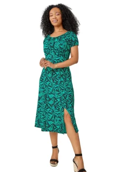 Roman Green Petite Leaf Print Midi Stretch Dress
