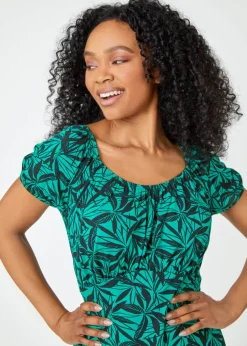 Roman Green Petite Leaf Print Midi Stretch Dress