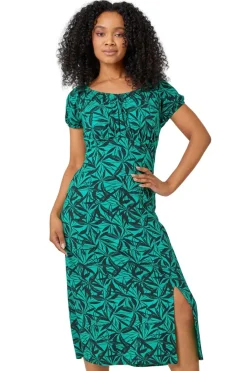 Roman Green Petite Leaf Print Midi Stretch Dress