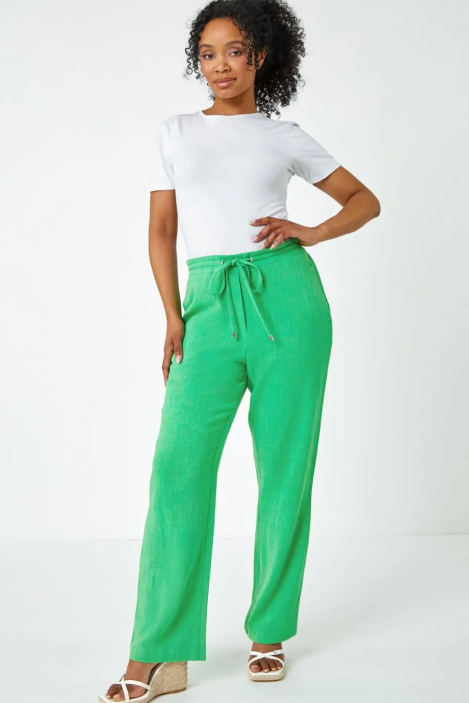 Roman Green Petite Linen Mix Elastic Waist Tie Front Trousers