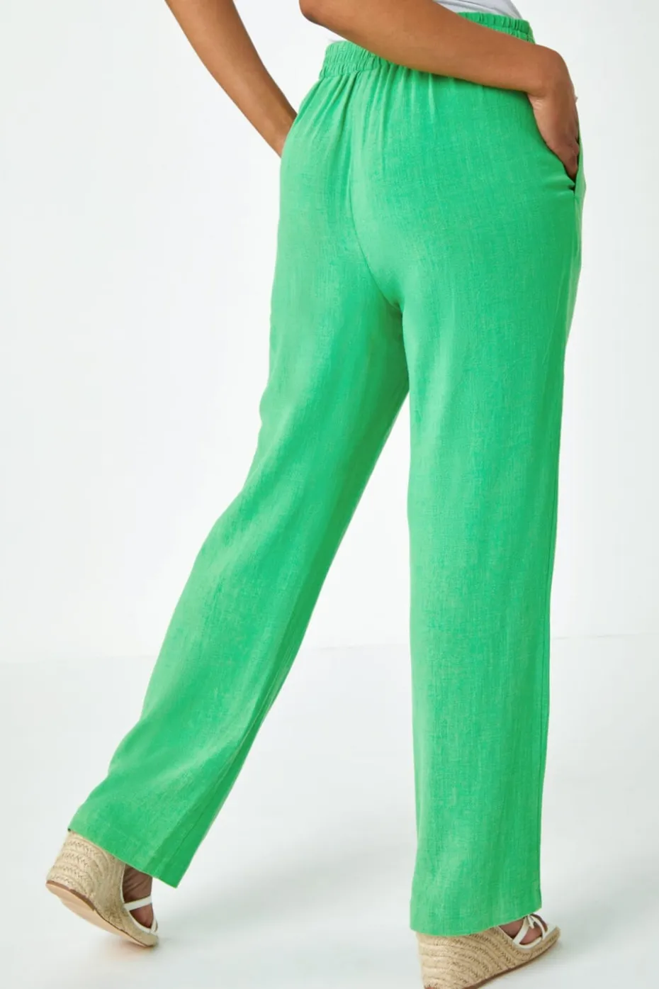 Roman Green Petite Linen Mix Elastic Waist Tie Front Trousers