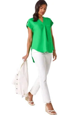 Roman Green Pleated Notch Neck Top