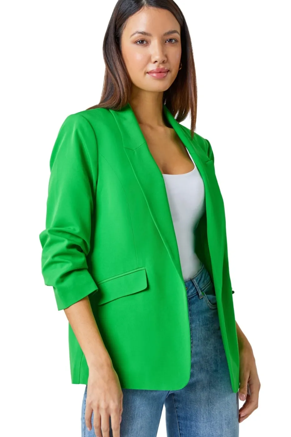 Roman Green Ruched 3/4 Sleeve Stretch Blazer