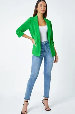 Roman Green Ruched 3/4 Sleeve Stretch Blazer