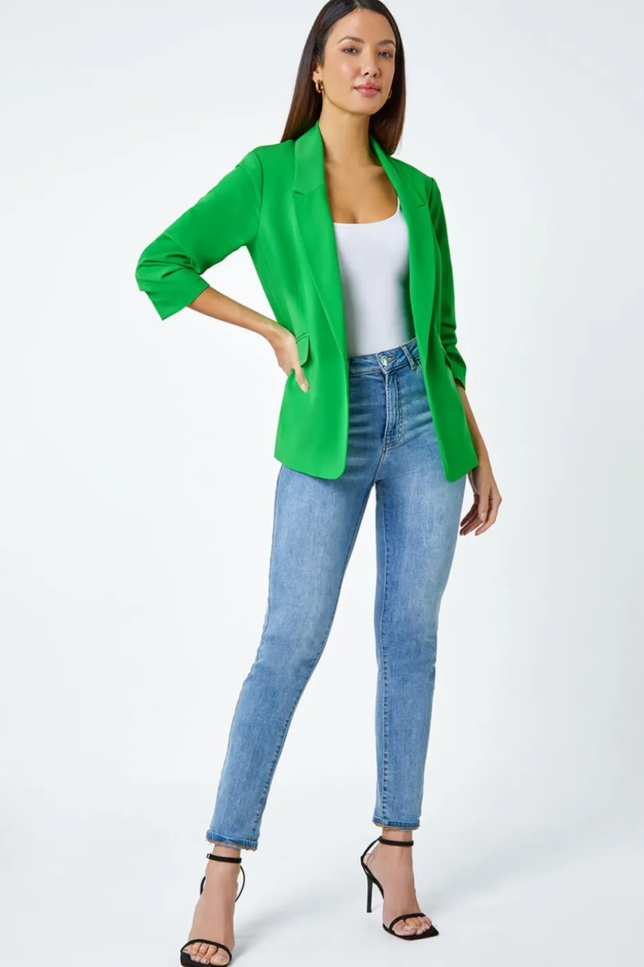 Roman Green Ruched 3/4 Sleeve Stretch Blazer