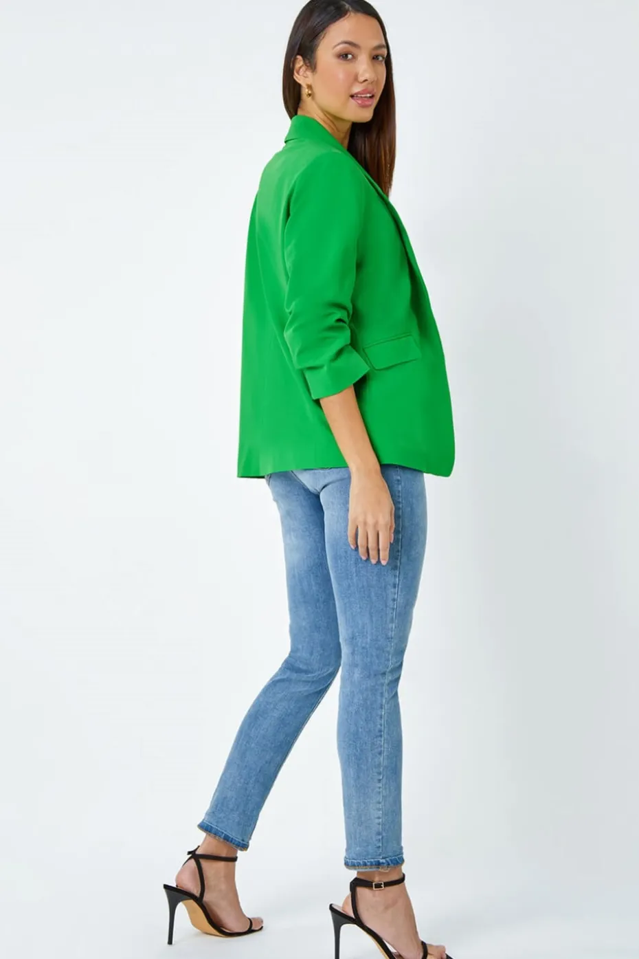 Roman Green Ruched 3/4 Sleeve Stretch Blazer