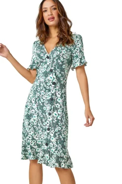 Roman Green  Stretch Floral Print Button Tea Dress