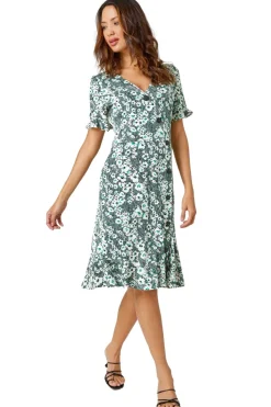 Roman Green  Stretch Floral Print Button Tea Dress