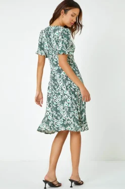 Roman Green  Stretch Floral Print Button Tea Dress