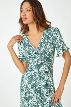 Roman Green  Stretch Floral Print Button Tea Dress