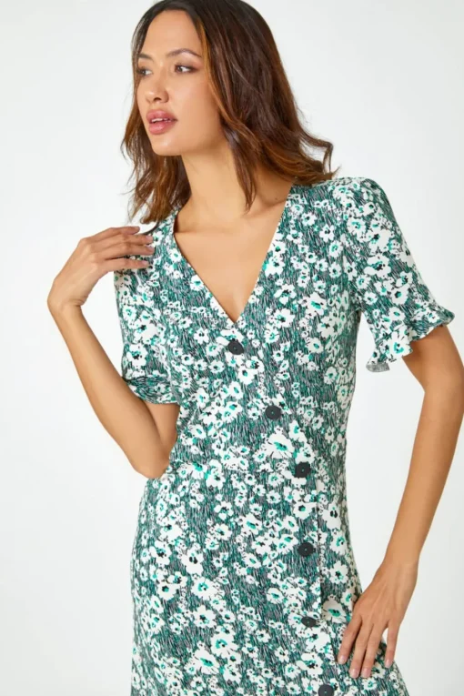 Roman Green  Stretch Floral Print Button Tea Dress