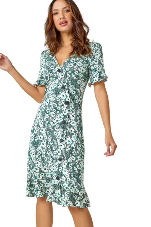 Roman Green  Stretch Floral Print Button Tea Dress