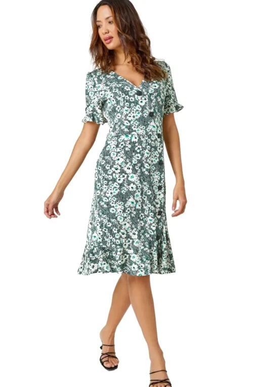 Roman Green  Stretch Floral Print Button Tea Dress