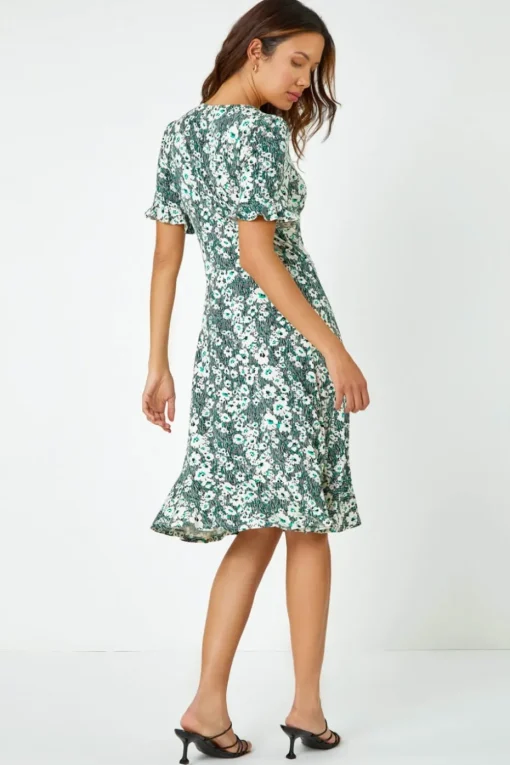 Roman Green  Stretch Floral Print Button Tea Dress