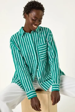 Roman Green Stripe Linear Print V-Neck Button Shirt