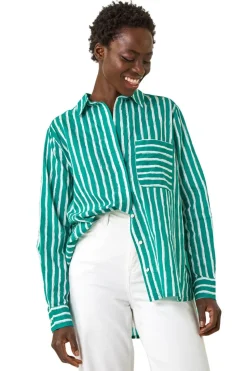 Roman Green Stripe Linear Print V-Neck Button Shirt