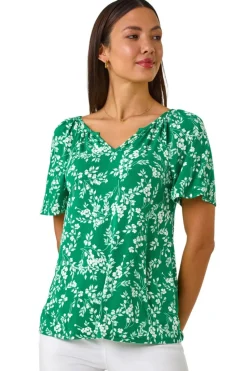 Roman Green Textured Ditsy Floral Print Stretch Top