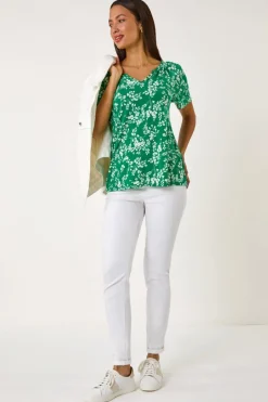 Roman Green Textured Ditsy Floral Print Stretch Top