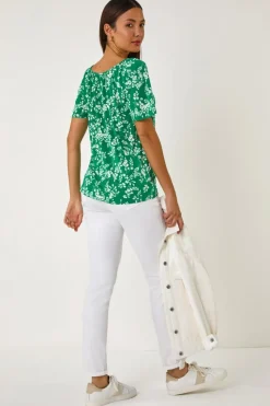 Roman Green Textured Ditsy Floral Print Stretch Top