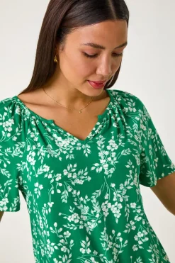 Roman Green Textured Ditsy Floral Print Stretch Top