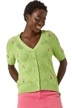 Roman Green Textured Floral Embroidered Cardigan