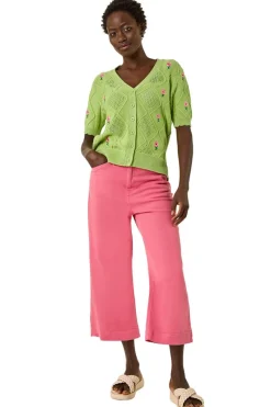 Roman Green Textured Floral Embroidered Cardigan