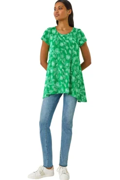Roman Green Textured Floral Print Tunic Top