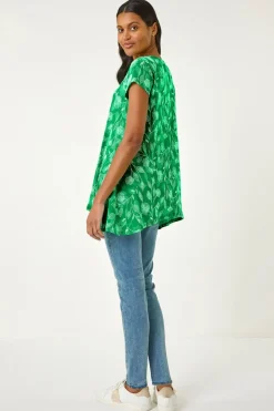 Roman Green Textured Floral Print Tunic Top