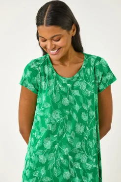 Roman Green Textured Floral Print Tunic Top