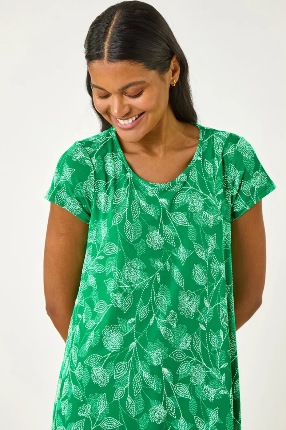 Roman Green Textured Floral Print Tunic Top