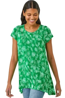 Roman Green Textured Floral Print Tunic Top