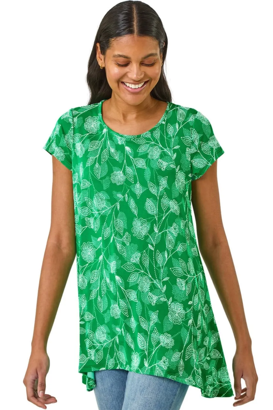 Roman Green Textured Floral Print Tunic Top