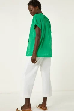 Roman Green Textured Tie V Neck Top