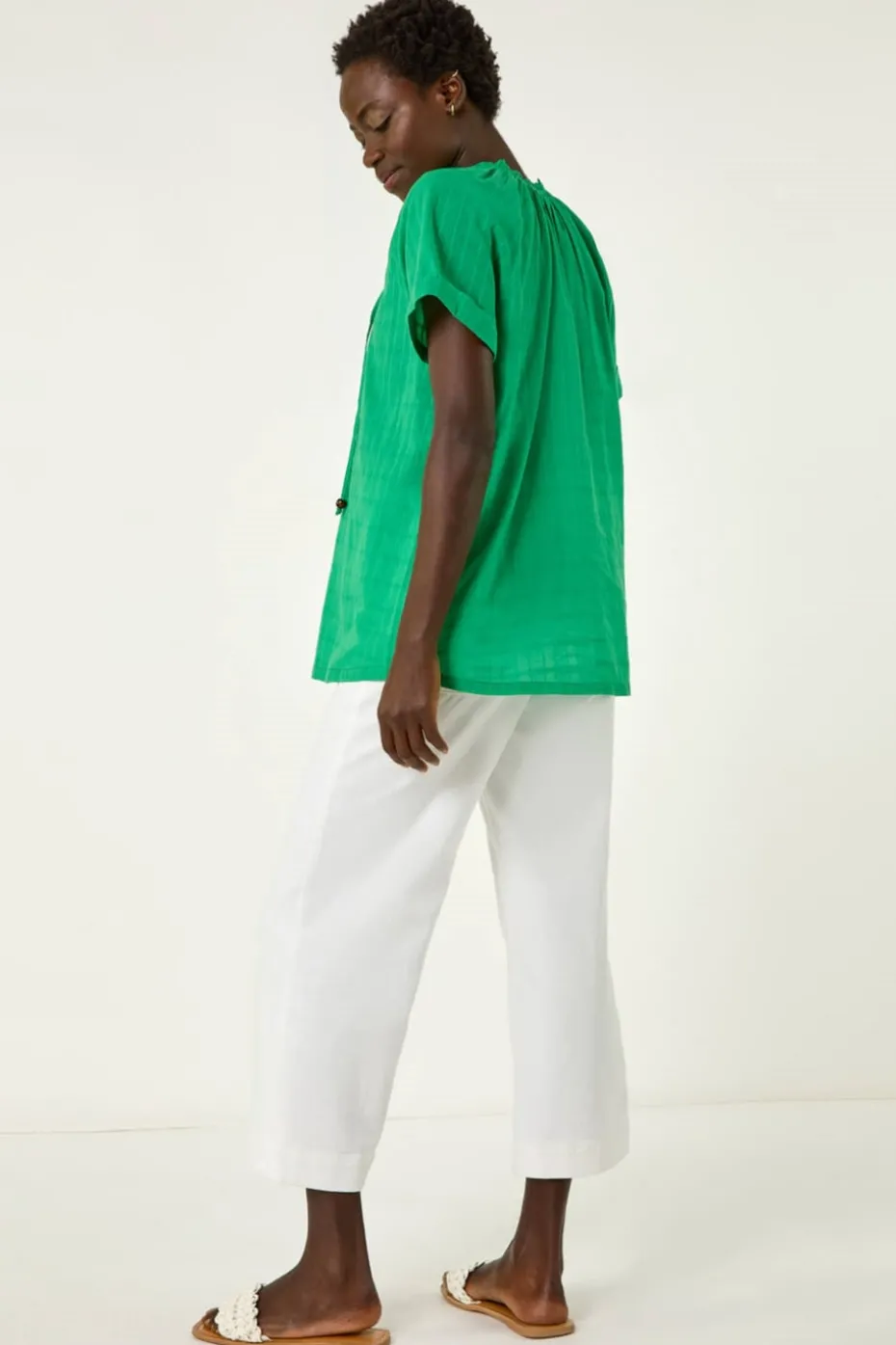 Roman Green Textured Tie V Neck Top