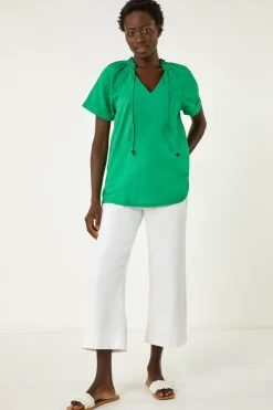 Roman Green Textured Tie V Neck Top