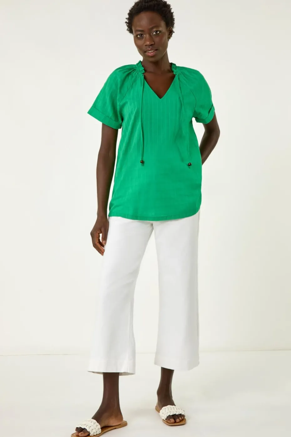 Roman Green Textured Tie V Neck Top