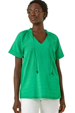 Roman Green Textured Tie V Neck Top