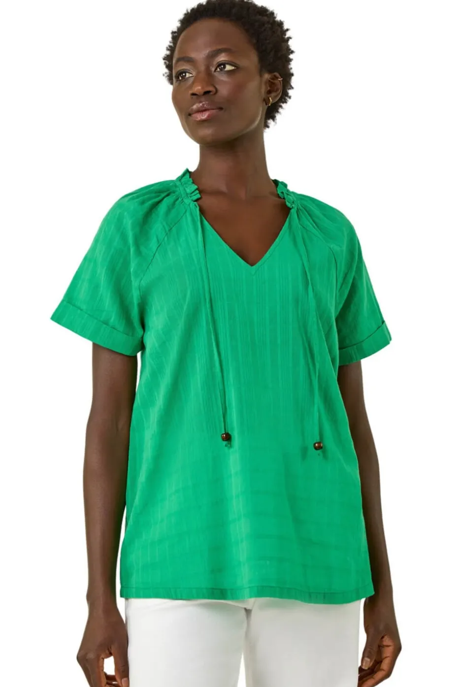 Roman Green Textured Tie V Neck Top