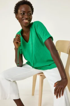 Roman Green Textured Tie V Neck Top