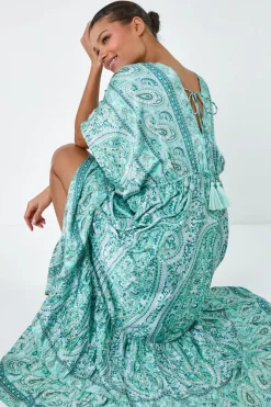 Roman Green Tie Back Tassel Detail Tiered Dress