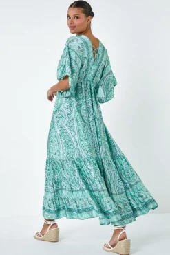 Roman Green Tie Back Tassel Detail Tiered Dress