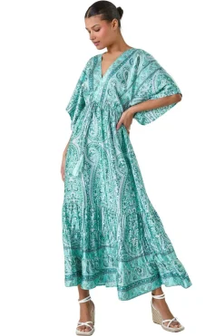 Roman Green Tie Back Tassel Detail Tiered Dress