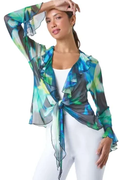 Roman Green Tie Frill Detail V Neck Stretch Mesh Top